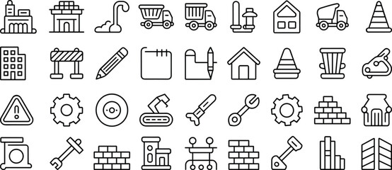 Line art construction and architecture icon set showing buildings, tools, vehicles, safety symbols, bricks, gears, and home renovation symbols collection © Ashik Creatives