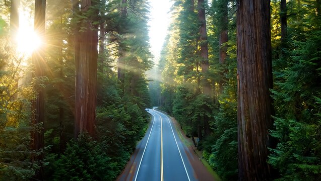 An aerial drone shot of a winding road through a sun-drenched redwood forest, capturing the majesty of nature.