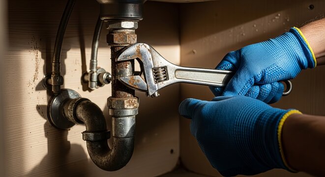 Plumber wearing blue protective gloves carefully uses a rusty adjustable wrench to tighten or loosen old corroded metal pipes under a sink during home repair work