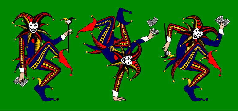 A dancing Joker in a brightly colored suit, holding playing cards in various movements, isolated on a green background. Vector illustration in a vintage 
color engraving style.