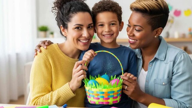 Lesbian couple and son holding handmade Easter basket filled with pastel eggs, family craft activity