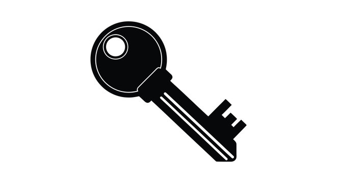 A simple monochrome illustration depicts a classic metal key with a circular head and a toothed blade