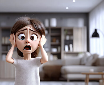 Little girl child covering ears with hands, showing fear, shock, and anxiety during a loud parental argument at home, reflecting childhood trauma and domestic conflict
