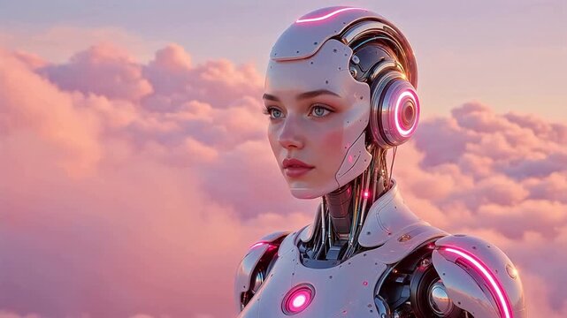 Futuristic female robot in sky