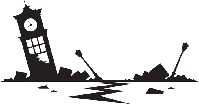 Fallen clock tower and broken lamp posts after earthquake disaster vector silhouette icon