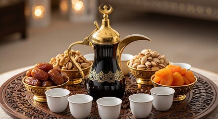 Fototapeta premium A golden coffee pot surrounded by dates nuts and small traditional cups on a tray
