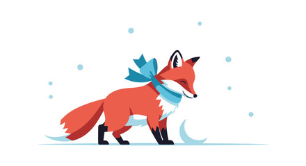 Obraz premium Charming Fox In Winter Snow With Blue Scarf And Bow