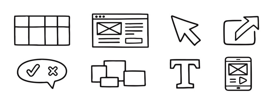 Doodle set of UI/UX design icons for web, mobile, layout, elements, and interaction concepts.