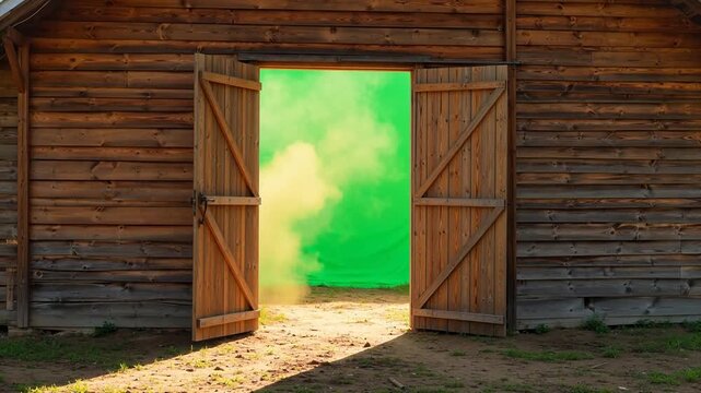 Wooden barn with open doors and green screen