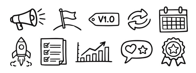 Doodle icons for business strategy, marketing, project launch, progress, feedback, and achievement. © drawing lines