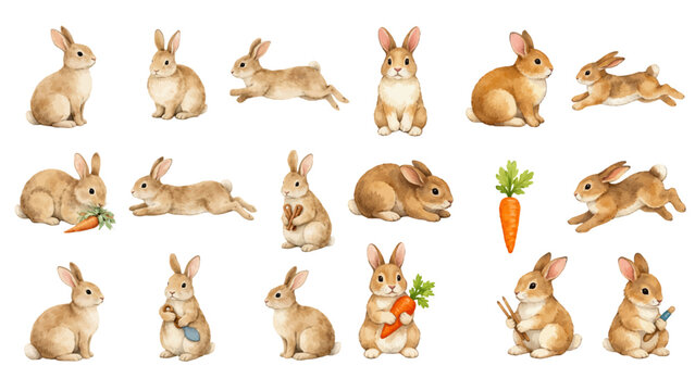 A charming watercolor collection of adorable bunnies, including playful hopping poses, sitting rabbits, carrot-snacking scenes, and sweet woodland details.