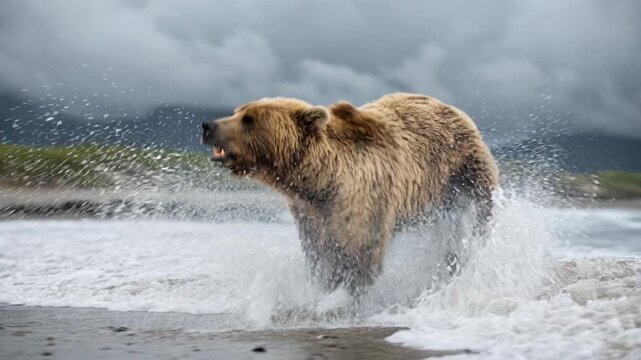 Majestic Brown Bear Charges Roaring into Crashing Ocean Waves on a Wild Stormy Beach, Powerful Wildlife Action