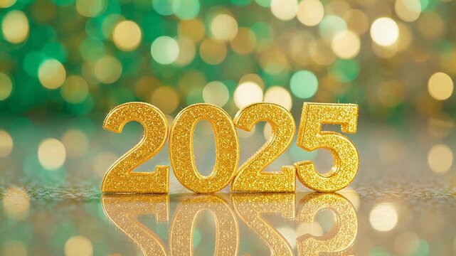 Golden glitter numbers 2025 on reflective surface
