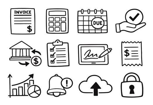 Financial Documentation and Business Reporting Hand-Drawn Icons: Invoices, Budgets, Charts, and Security
