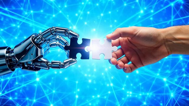 Human hand and robot hand connecting puzzle pieces