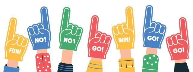 Fans Foam Finger Banner Vector Set – Competition Team Support Gloves on Human Hands, Sport Soccer and Football Symbols, Championship Background Design Elements © RTICAA VEO