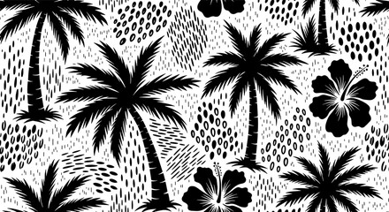 Tropical Seamless Pattern with Hand Drawn Palm Trees
