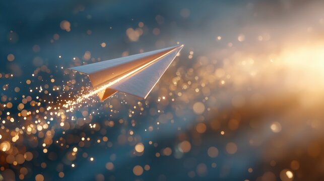 A soaring golden paper airplane embodies continuous improvement and growth in business, leaving a vibrant trail of light over a blurred background.