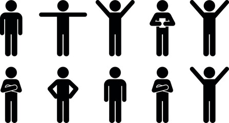 Set Of Black Stick Figure Icons Representing Various Human Poses Including Standing With Arms Raised Crossed Arms And Reading Isolated On White Background