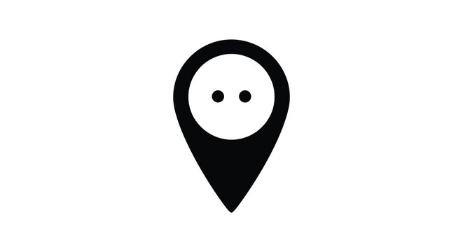 A minimalist black and white graphic depicts a location pin with a simple cartoonish face featuring two dots for eyes