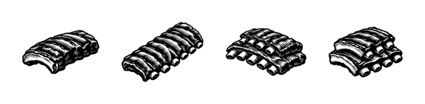 Bbq ribs flat vector icons set: grilled meat and barbecue design elements