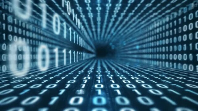 binary code tunnel with flowing digital data stream representing cyber technology and binary code transfer in bright blue hues