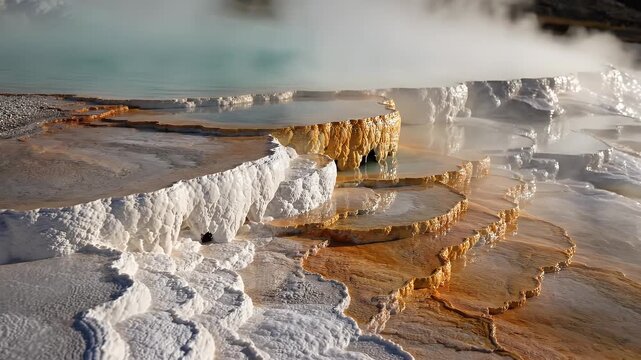 Natural mineral terraces with steaming turquoise water and white silica formations