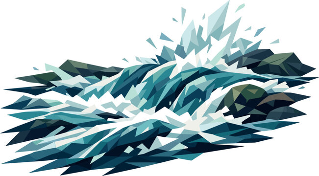 Low-poly vector illustration of a river rapid rush as a direct hero depiction, powerful river current constructed from sharp