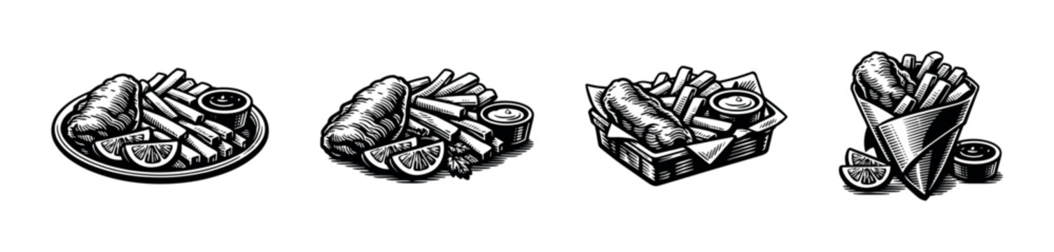 Fish and chips flat vector icons set. fast food illustrations. monochrome snack symbols collection