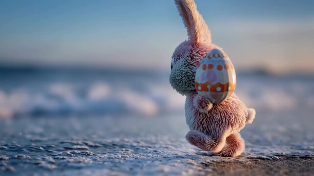 Adorable small pink easter bunny walking on sandy beach carrying colorful egg basket at sunset ocean waves