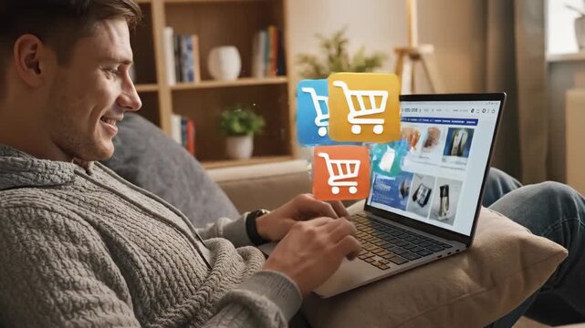Man happily shopping online on laptop with virtual shopping carts and gift boxes floating around in cozy living room setting