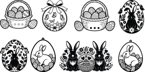Fototapeta premium Easter eggs and bunnies in silhouette and decorated baskets silhouette