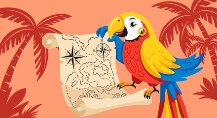 Naklejka premium Colorful Parrot With Treasure Map Amongst Palm Trees