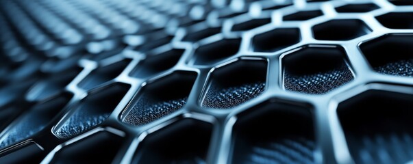 Fototapeta premium Abstract Metallic Hexagon Grid Macro shot with depth of field, showcasing intricate geometric pattern and texture, conceptual, Sci-Fi, Technology, Nanotechnology