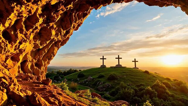 Sunset view of three crosses on hill