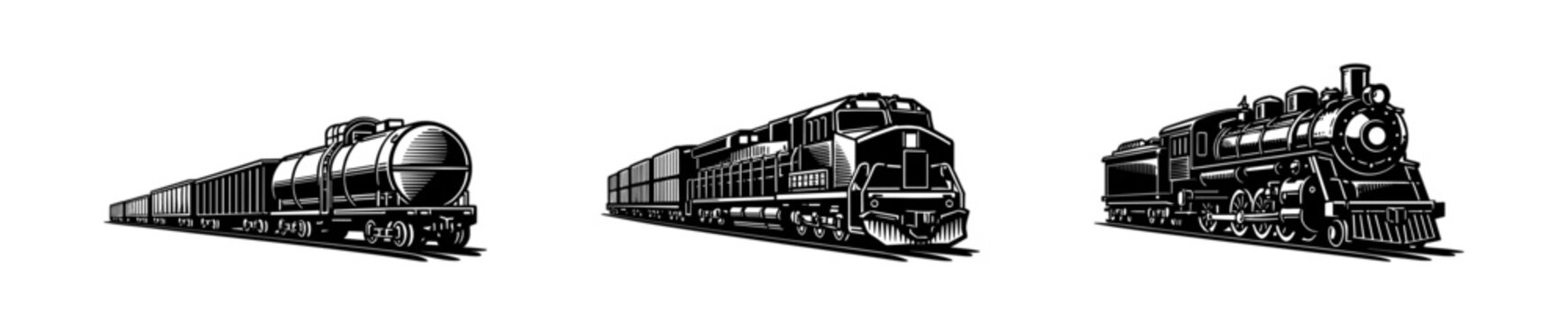 Train engine flat vector icons set. vintage locomotive silhouettes and railway transport collection