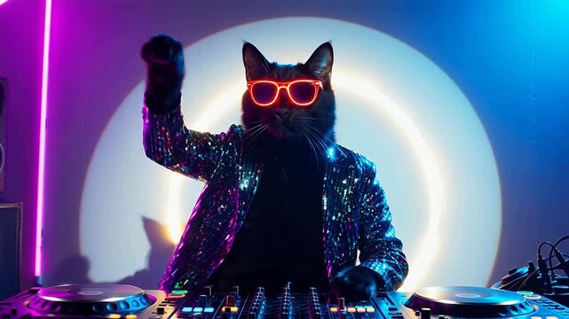 Cat in sequin jacket with neon glasses