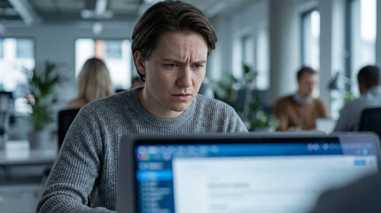 Fototapeta premium Stressed office worker studies laptop screen. Stress grows during busy deadline while blurred email loads, stress concept for mentalhealthmonth, workplace wellness campaign, burnout prevention theme