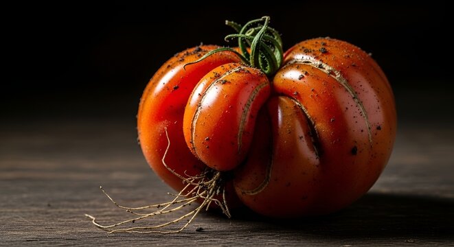 Close up of imperfect heirloom tomato with soil and roots, ugly food concept, authentic organic vegetable with natural defects, dark rustic background, raw food photography.