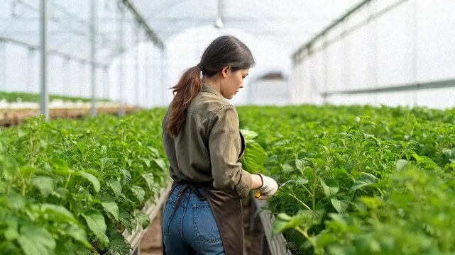 Skilled Woman Farmer Tending and Harvesting Lush Green Plants in a Modern Greenhouse.