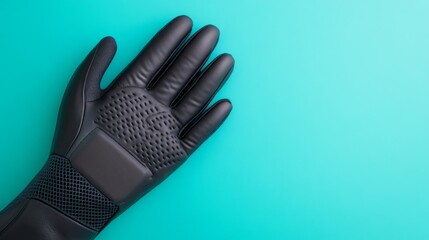 Black glove with textured grip on turquoise background, isolated, product shot, minimalist, top-down view, athletic wear, functional design.