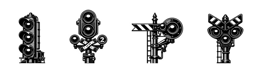 Railway signal icons set. flat vector icons set of traffic and industrial signs