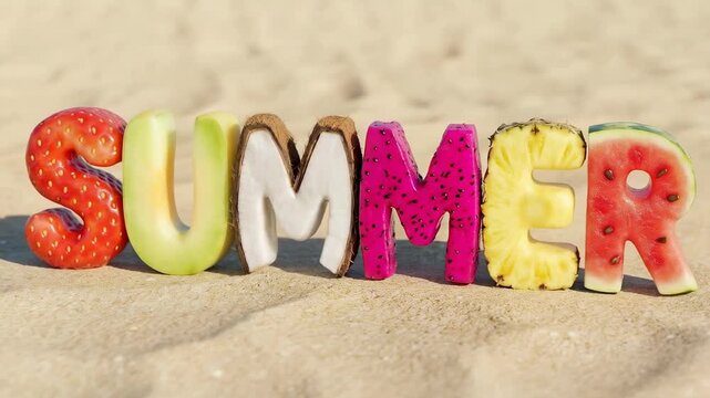 Multicolored summer fruits in the shape of 3D letters form the word summer on a sandy beach.