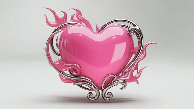 A spinning pink heart with silver embellishments and flames in motion levitates on a white background