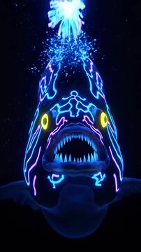 Neon Anglerfish Glowing in Deep Sea Darkness.