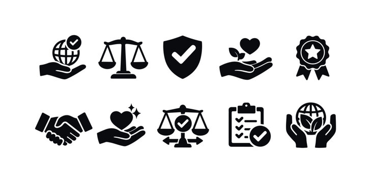 Business ethics solid icon set. Corporate responsibility, legal compliance, integrity icons.