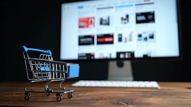 Online shopping cart and computer monitor display for e-commerce website