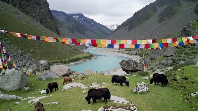 Traveling through a green valley with yaks near a blue lake and prayer flags in a mountain landscape in summer
