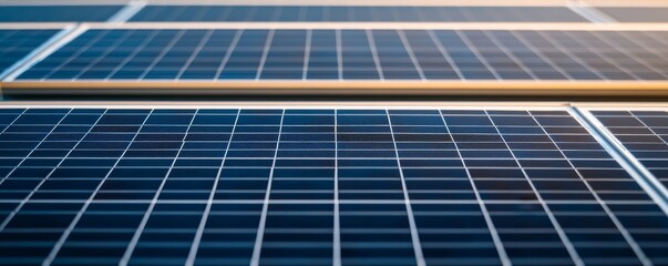 Obraz premium Close-up of solar panels with a shallow depth of field, showing intricate grid patterns of blue photovoltaic cells. Renewable energy concept. Solar, Renewable Energy