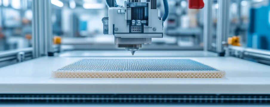 Close-up, low-angle shot of a 3D printer head in action, precisely crafting a detailed honeycomb structure, concept of advanced manufacturing. 3D Printing, Innovation